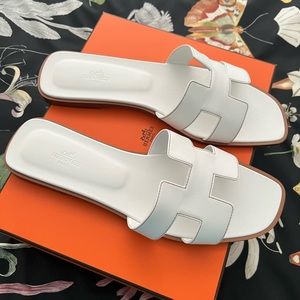 SOLD!!  Nearly New!  Hermes “Oran” Sandals in White Box Calfskin Size 42
